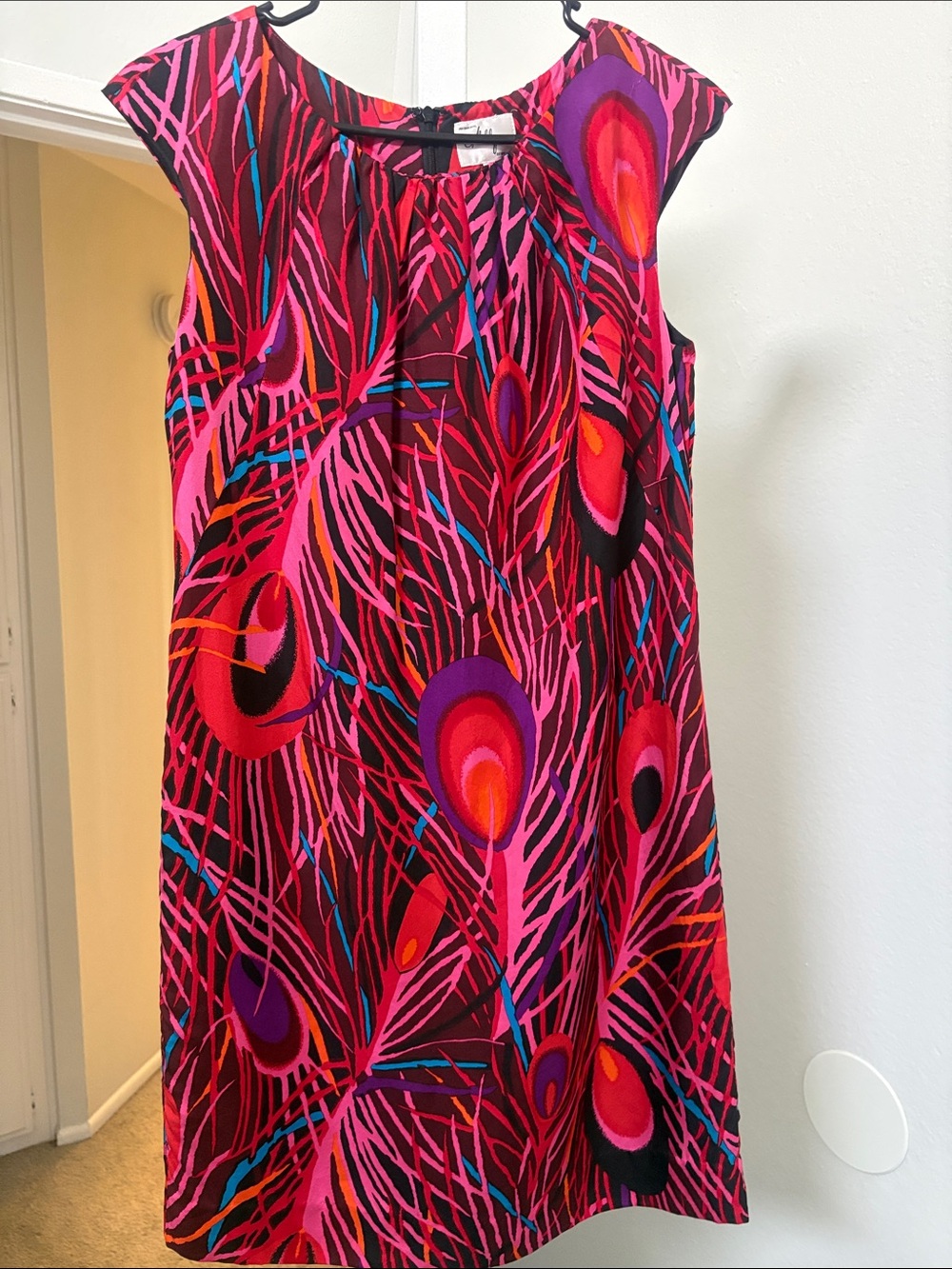 Vintage Milly Pink Red Purple Peacock-Print Shift Dress 100% silk